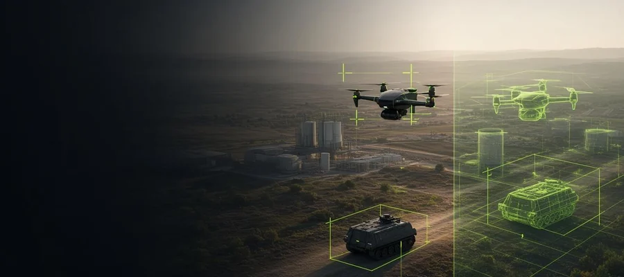 Drone and its lime wireframe counterpart in a simulated industrial environment