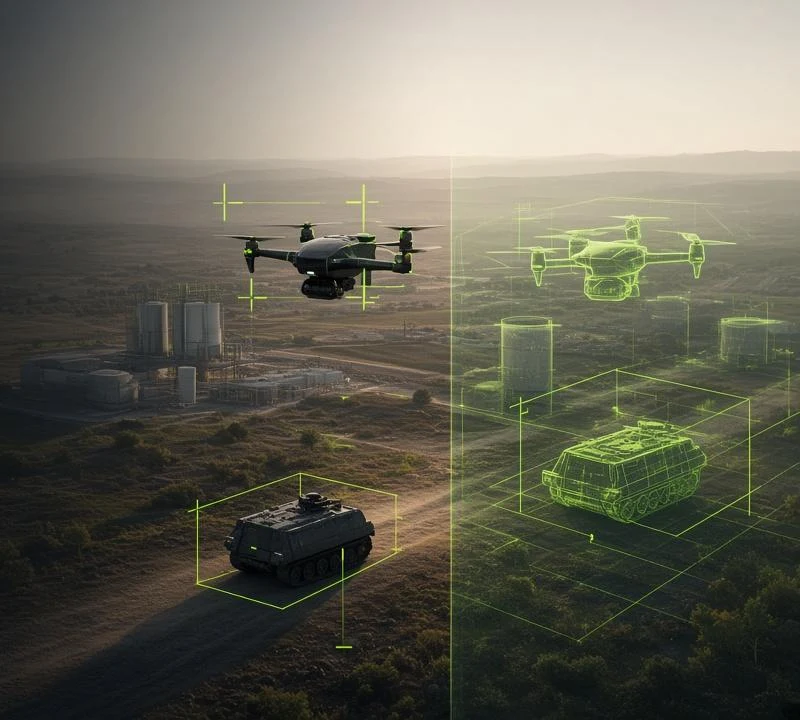Drone and ground vehicle in an industrial landscape, paired with synthetic wireframe representations