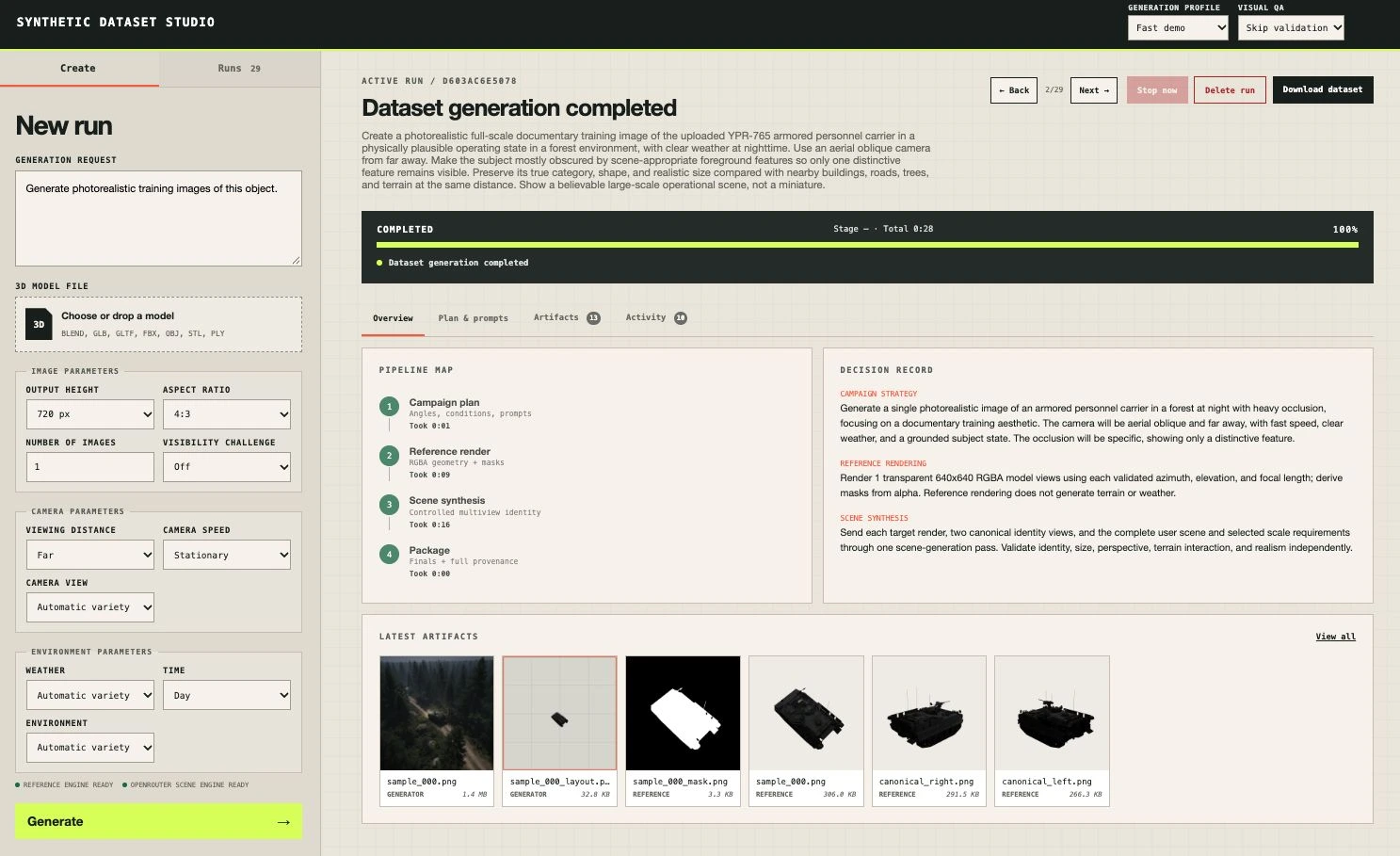Simbotfly dataset workspace showing scene controls, a completed generation pipeline, decision records, and downloadable artifacts